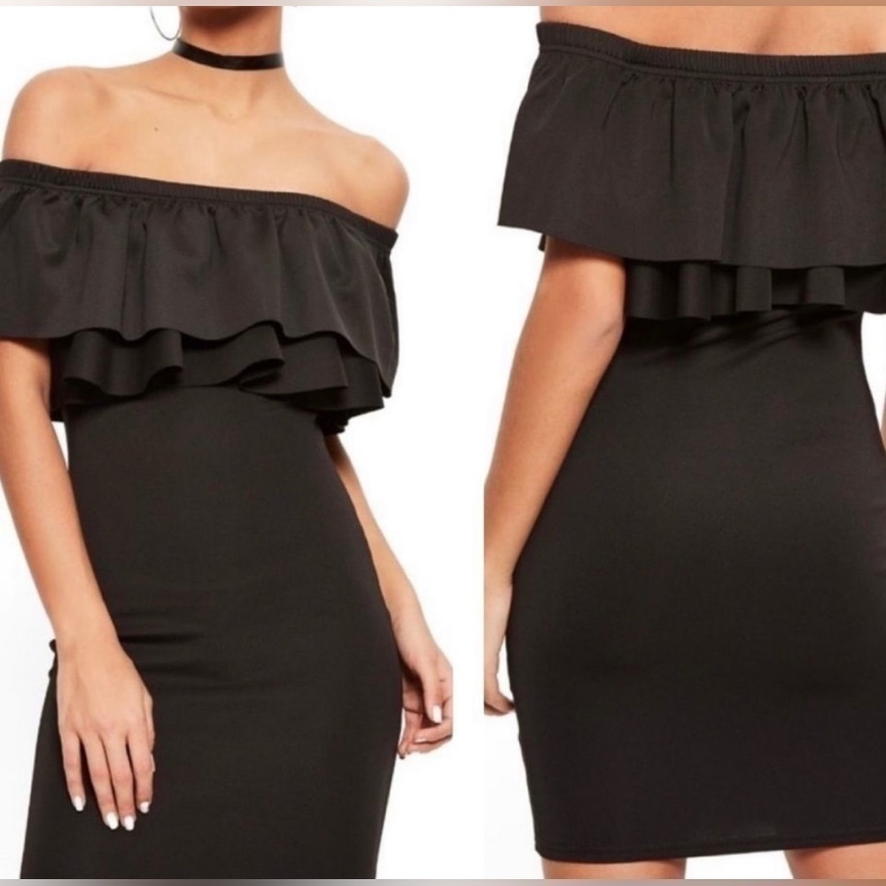 Missguided Black Bardot Scuba Ruffle Mini Dress Nwt (Nordstrom) Us Size 10